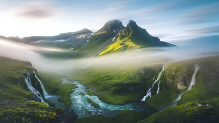 Misty Green Mountain Range with Waterfalls, Snow Patches, and Turquoise River