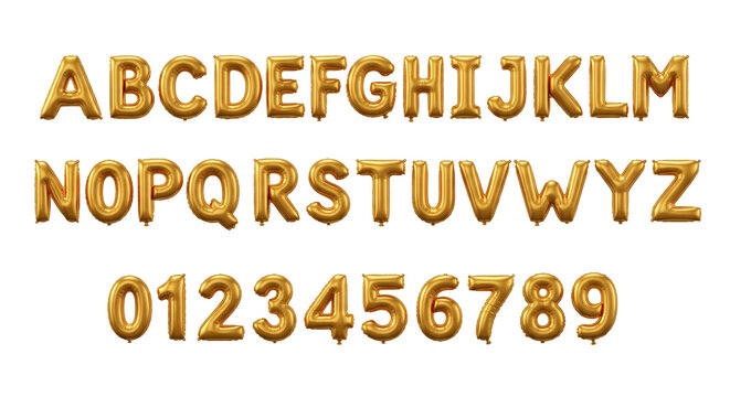 Shiny gold balloon alphabet and numbers. 3d golden letters font for birthday, celebration or party design, isolated on white or transparent background.