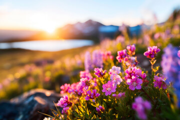 Obraz premium Sunset Meadow Vibrant Wildflowers at Golden Hour