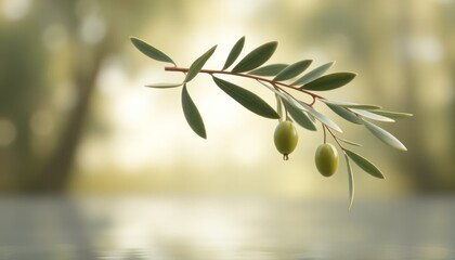 Delicate olive branch reflecting in calm waters, serene mediterranean scene