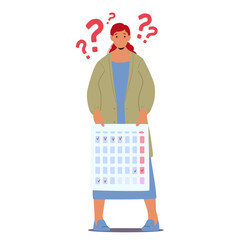 Upset woman cartoon character feeling worried suffering from irregular period showcasing calendar