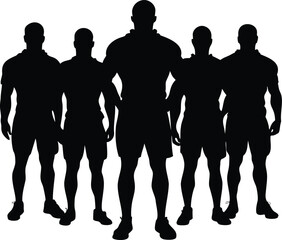 Silhouette of five strong men standing together, athletic team posing confidently