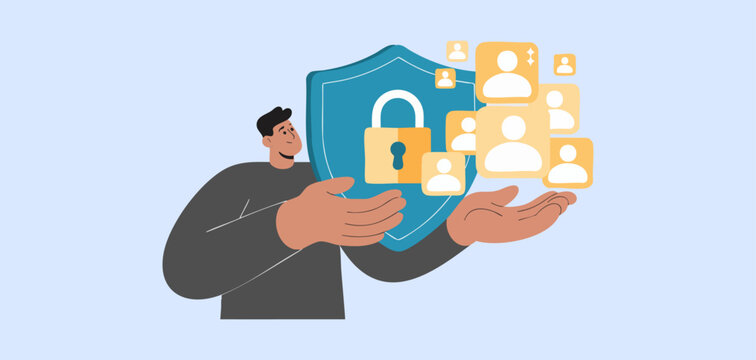data protection officer holding shield to secure user profiles, vector illustration for data privacy compliance, regulations and user information safeguarding