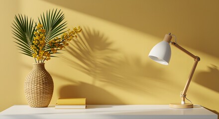 Still life of yellow flowers books and a lamp on a white table