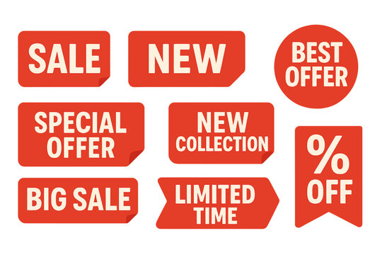 Stickers, labels, and tags for sales, promotions, and new merchandise have been added, featuring red designs suitable for web banners with transparent shadows