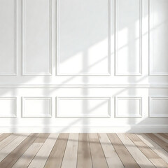 Fototapeta premium Bright minimalist interior with white walls and wooden floor. Empty room 