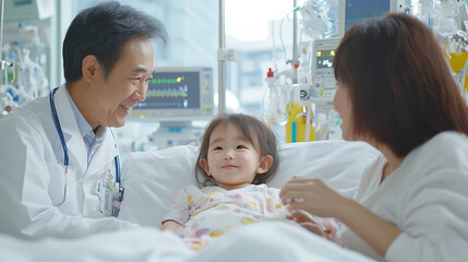 Doctor and family visit child patient. Smiling doctor consults with mother while child lies in hospital bed surrounded by medical equipment.