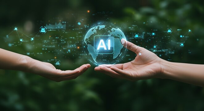 Artificial Intelligence Globe Held Between Hands with Data Visualization Background Two