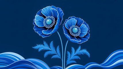 A stylized digital illustration of two large blue poppies against a deep navy blue background.
