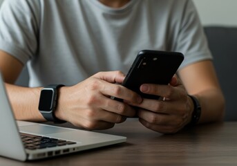 Person using smartphone near laptop computer