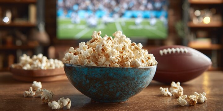 Game day snack: A bowl of popcorn and a football sit ready for viewing. A TV screen shows a game in the background, perfect for a relaxing day. - Powered by Adobe