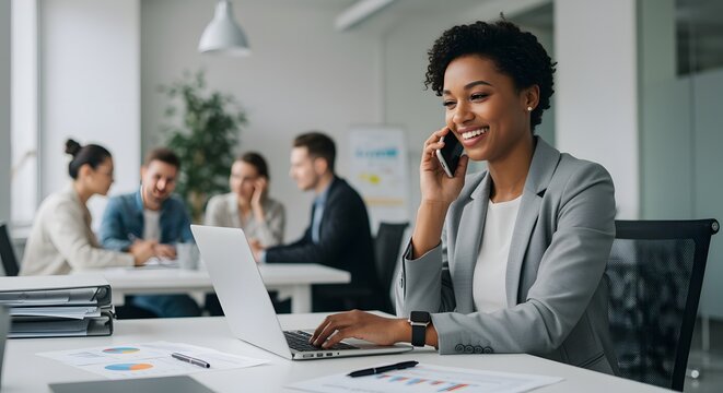 Smiling African American Businesswoman on Phone Working at Desk with Laptop