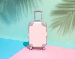 Obraz premium Pastel Pink Suitcase on Colorful Background with Palm Shadows