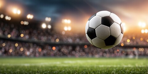 Fototapeta premium Action on the field! A classic soccer ball in motion, stadium lights, and fans create an atmosphere of sporting excitement and competition.