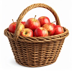 Red Apples in Brown Wicker Basket on White Background