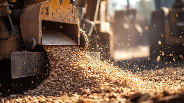 Heavy-duty wood chipper ejecting sawdust in a lumberyard