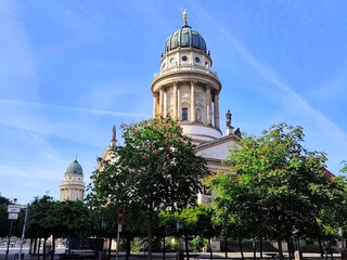 Exterior view of the French church of Friedrichstadt (Französischer Dom), located on Berlin's Gendarmenmarkt, across the Konzerthaus and the German Cathedral.
