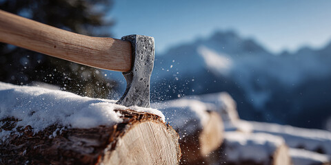 Axe in a snowy woodpile, set against a backdrop of frosted mountain peaks. Winter in the wilderness.