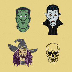 A fun Halloween set with classic spooky characters like Frankenstein and witch in colorful retro vector style