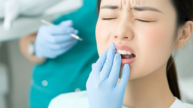 Woman with dental pain at a clinic appointment; dental checkup; tooth ache; teeth cleaning.