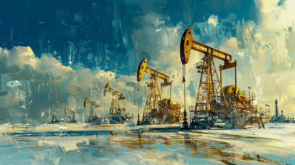 Offshore oil drilling rigs in a seascape with dramatic sky