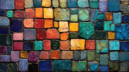 A colorful mosaic made of many different colored tiles. The tiles are arranged in a way that creates a pattern and a sense of movement. The colors are bright and vibrant, giving the image a lively