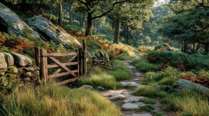 Naklejka premium Tranquil forest pathway with wooden gate and lush greenery