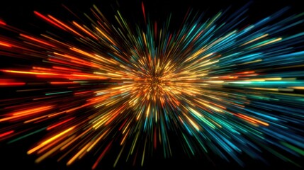 Fototapeta premium A colorful explosion of light and color. The image is a bright and vibrant display of colors, with each color representing a different part of the explosion. Scene is energetic and dynamic
