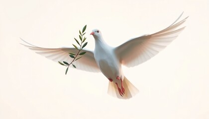 White dove with olive branch, symbol of hope and peace on soft background