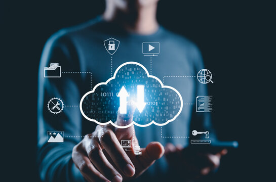 Cloud Storage and Data Transfer Technology Concept. A person touching glowing cloud icon with upload and download arrows, icons file sharing, backup, cybersecurity, password, and cloud data services.