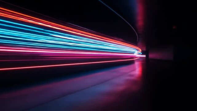 Colorful neon light trails moving at high speed through futuristic dark tunnel, seamless looping 4k time-lapse animation video background