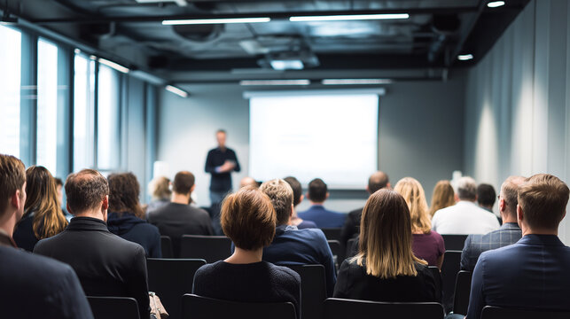 An audience faces a presenter standing in front of a bright projection screen in a blurred modern conference room.
