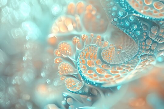 Abstract fractal art featuring swirling, textured shapes with a vibrant color palette of turquoise, blue and orange.