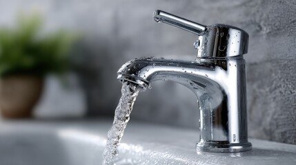 A faucet is dripping water onto a sink. The water is clear and flowing steadily. The sink is white and the faucet is silver