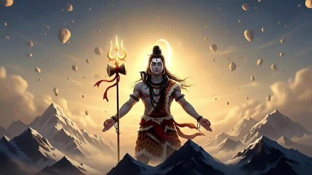 Lord Shiva Meditating Above Snowy Mountains with Trident and Floating Rocks in the Sky