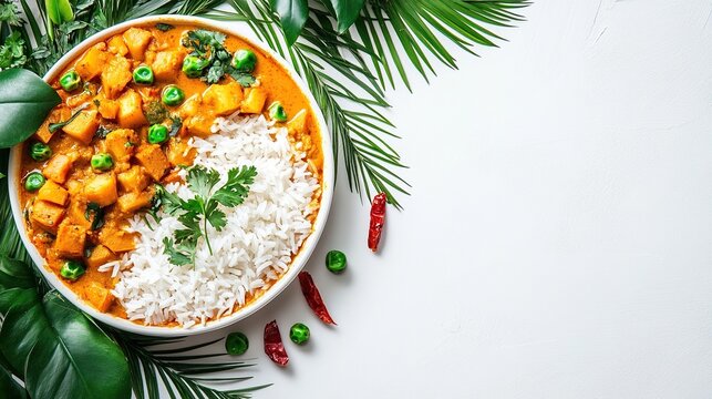 Golden curry with rice, peas and herbs, surrounded by vibrant green foliage