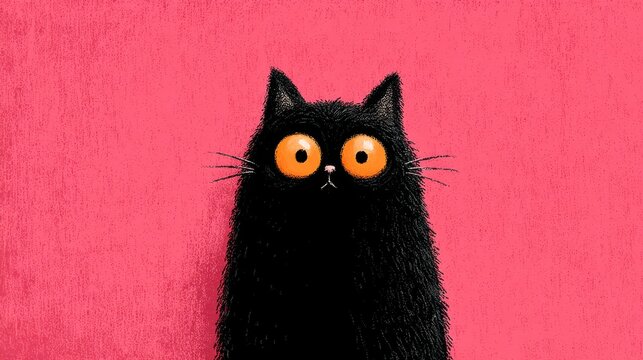 A cartoon cat with big eyes and a black fur coat is staring at the camera. The cat's eyes are bright orange, which gives the image a playful and whimsical mood. The cat's fur is fluffy