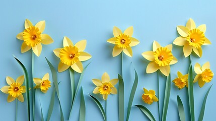 Fototapeta premium Yellow paper daffodil flowers with green stems in quilling style on a blue background. Spring floral art for Mothers day.