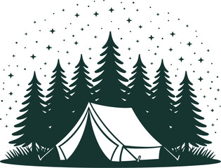 Camping tent under stars surrounded by evergreen trees illustrating outdoor adventure