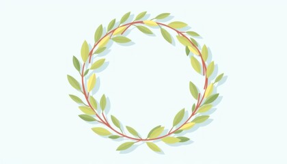 Elegant botanical circle frame with watercolor style leaves and red stems