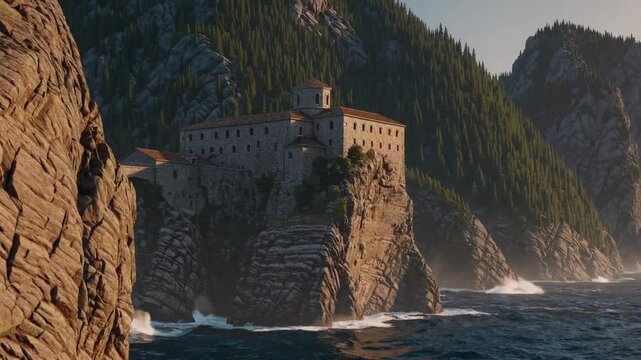 Monastery of saint george, mount athos greece: crashing waves at sunset
