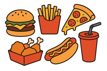 Collection of cartoon fast food items, presented as a vector illustration in eps10 format, isolated on a white background