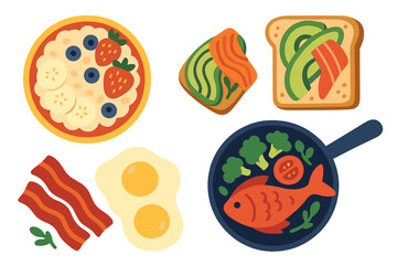 Vector illustration of tasty food featuring cartoon cereal breakfast with fruit in a bowl, avocado and salmon morning toast, fried bacon and eggs, and fish and meat with vegetables in a pan from a