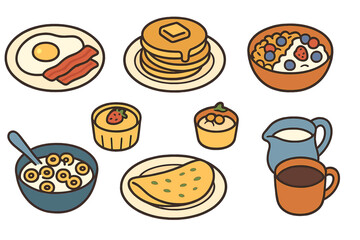 The breakfast set consists of morning healthy meals including a fried egg with bacon, pancakes, granola, omelette, pudding, cereal with milk, and coffee, which are all tasty food and delicious