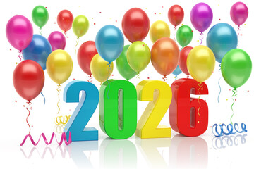 Colorful 2026 numbers with balloons and confetti for new year celebrations