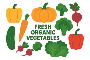 Fototapeta premium A collection of fresh organic vegetables is showcased, featuring natural and healthy food products including a variety of veggies like pumpkin, pepper, broccoli, and carrot, highlighting vegan