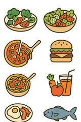 Vector illustrations of a vegetable dish, poke bowl food, and healthy salad set, along with meal line icons featuring pizza, pasta spaghetti bowl, and burger, as well as breakfast meal, vegetable