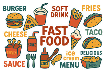 Vector illustration featuring handwritten fast food sketches and typography