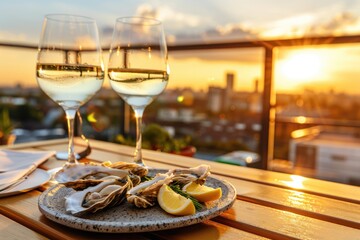 Fototapeta premium Fresh oysters and white wine enjoying a stunning sunset over the city skyline