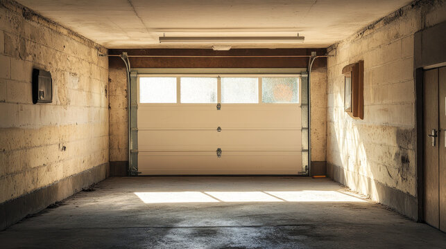 A nearly vacant garage awaits future use as a storage space likely to accumulate miscellaneous items over time